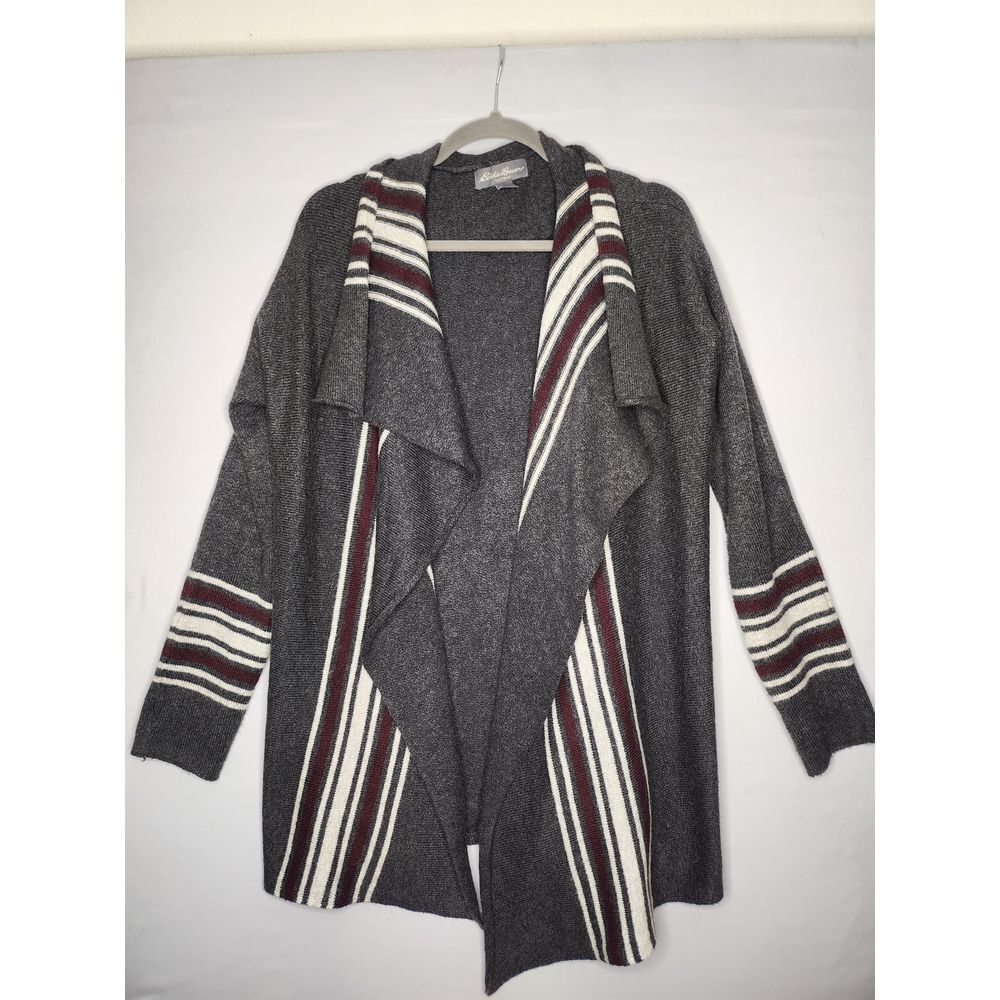 Eddie Bauer Sleepwear Women's Gray Maroon White Striped Shawl Cardigan Med